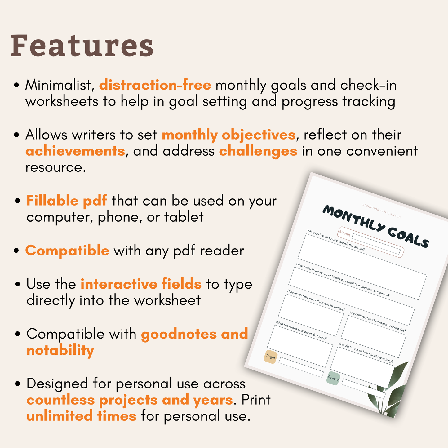 Monthly Goals & Review Worksheets